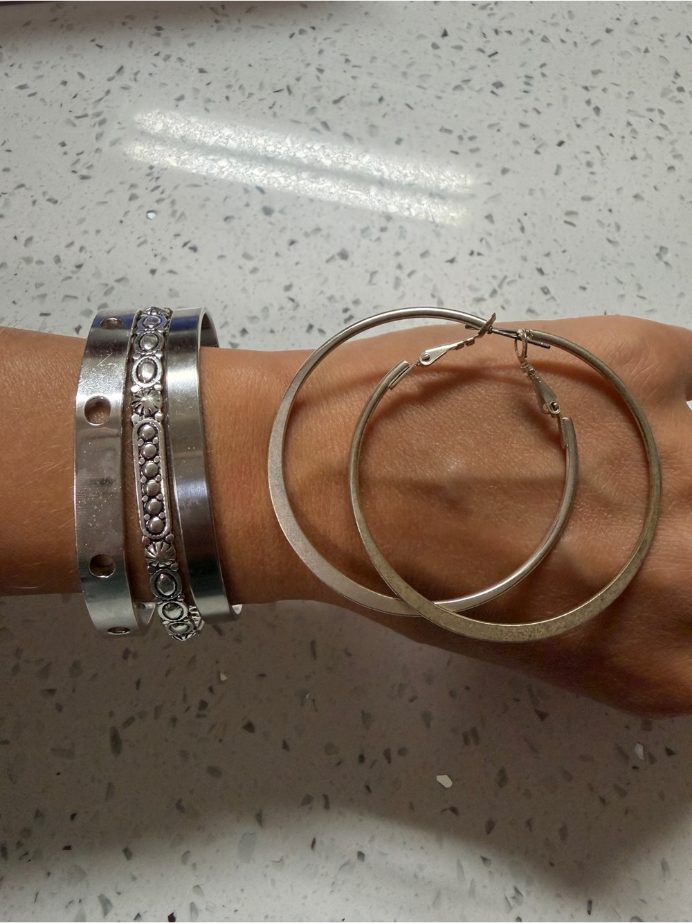 Motivational Bracelet Silver Jewelry Bundle Cuff Bracelets Hoop Earrings Y2K